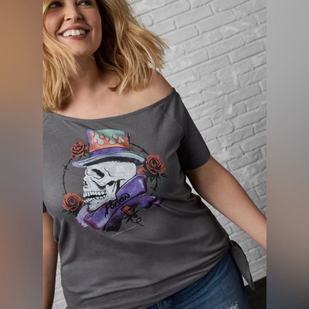 Torrid Sz. 2 (2X/18-20) Off-Shoulder Tie-Front Tee - Poison Skull Dark Grey